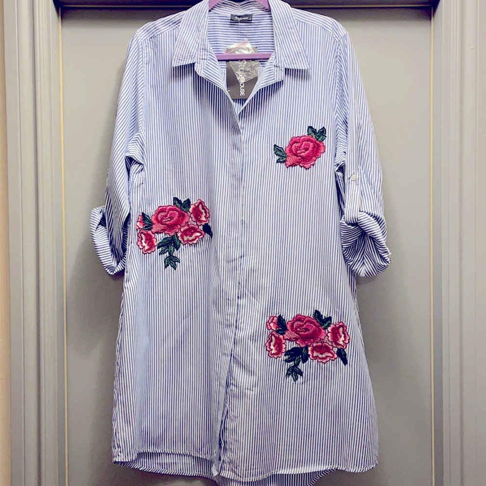 New Blue and White Striped Button Up Dress 1X